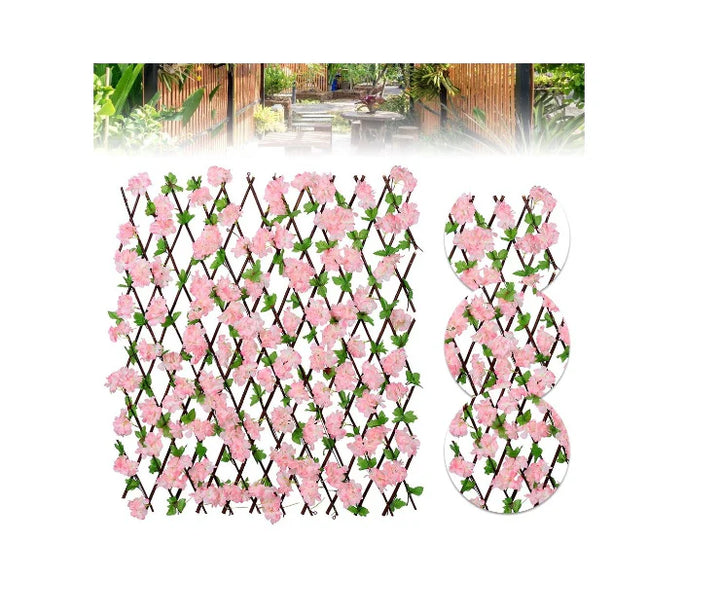 Gard paravan viu cu frunze si flori artificiale, AT PERFORMANCE, extensibil, 100x200 cm, roz
