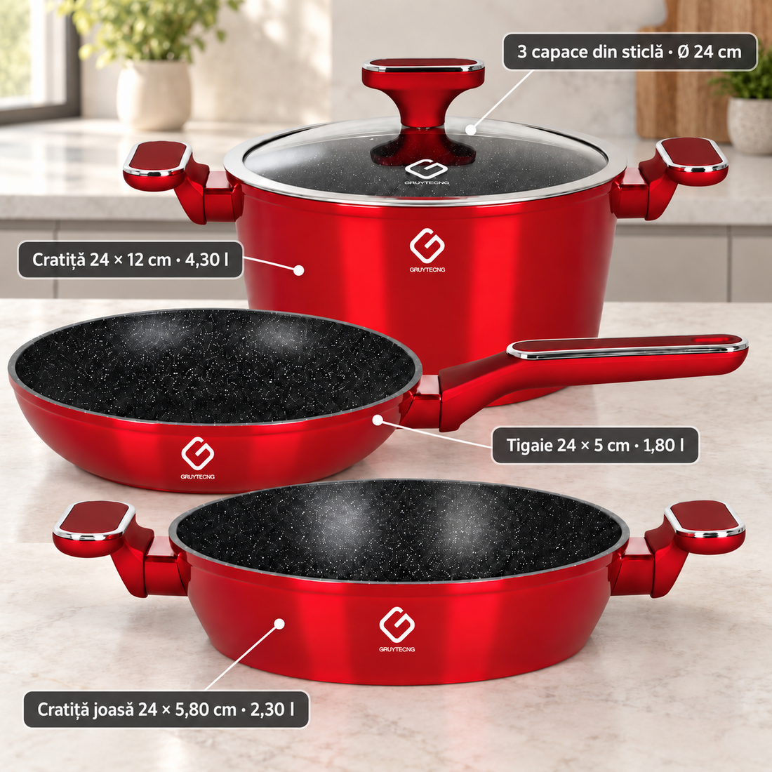 Set Vase Grunberg GR2717, 4 Piese, Aluminiu Turnat, Strat Antiaderent Marmorat, Capac din Sticlă, 24 cm, Compatibil cu Inducție