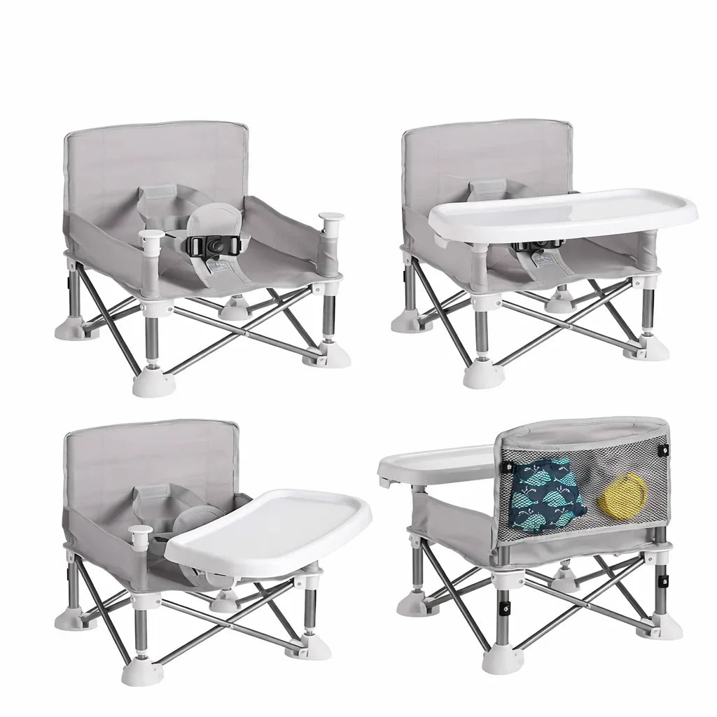 Scaun bebe, pliabil, compact, portabil, usor de depozitat, cu tava detasabila, pentru masa si joaca, cu spatiu de depozitare, ham de siguranta in 5 puncte