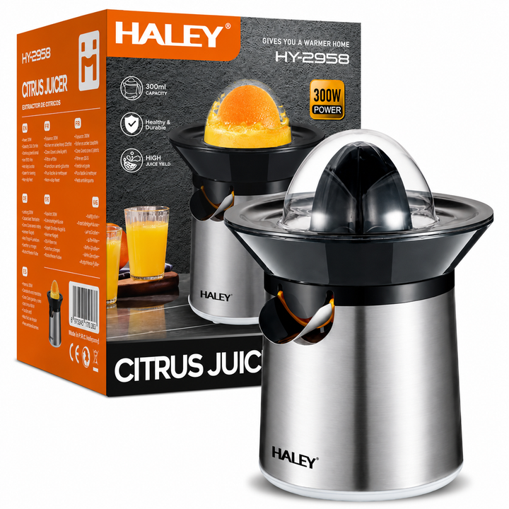 Storcător Electric pentru Citrice Haley HY-2958, 300W, Recipient 300 ml, Sistem de Presare, Corp Inox, Capac de Protecție