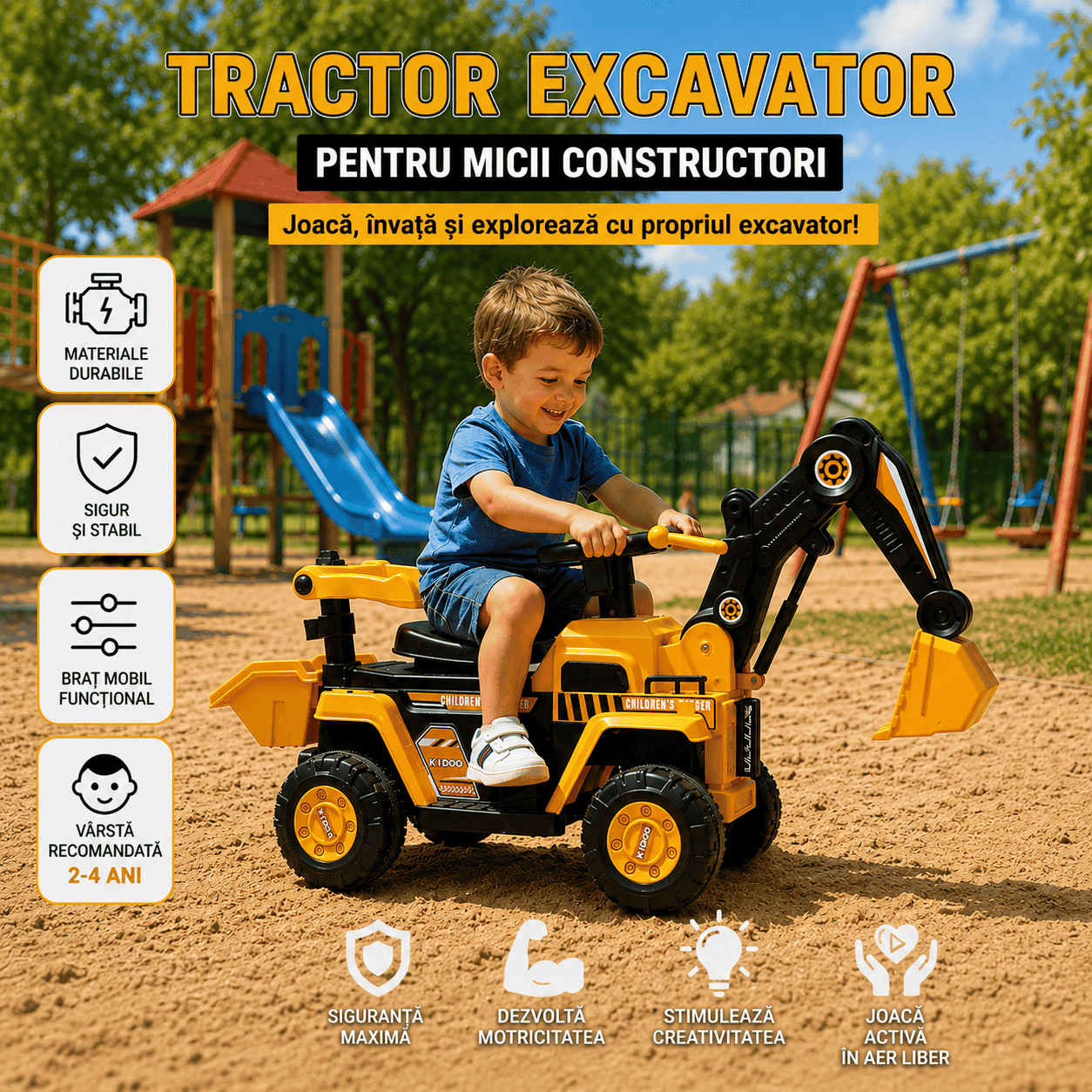 Tractor Excavator Electric Pentru Copii 2-4 Ani, Cu Braț Mobil, Cupă Funcțională, Volan Cu Sunete Și Pedală, Galben