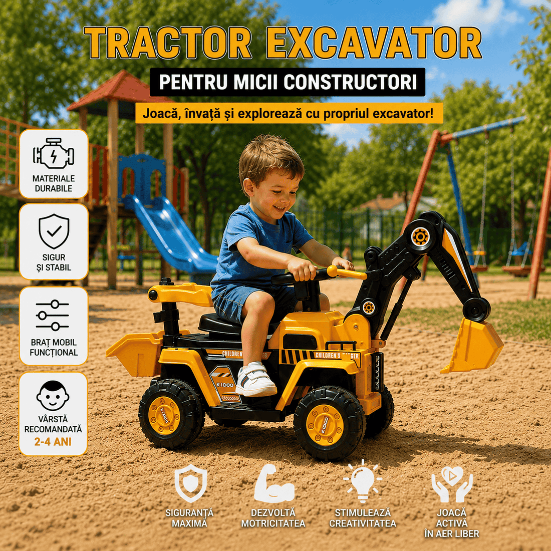 Tractor Excavator Electric Pentru Copii 2-4 Ani, Cu Braț Mobil, Cupă Funcțională, Volan Cu Sunete Și Pedală, Galben