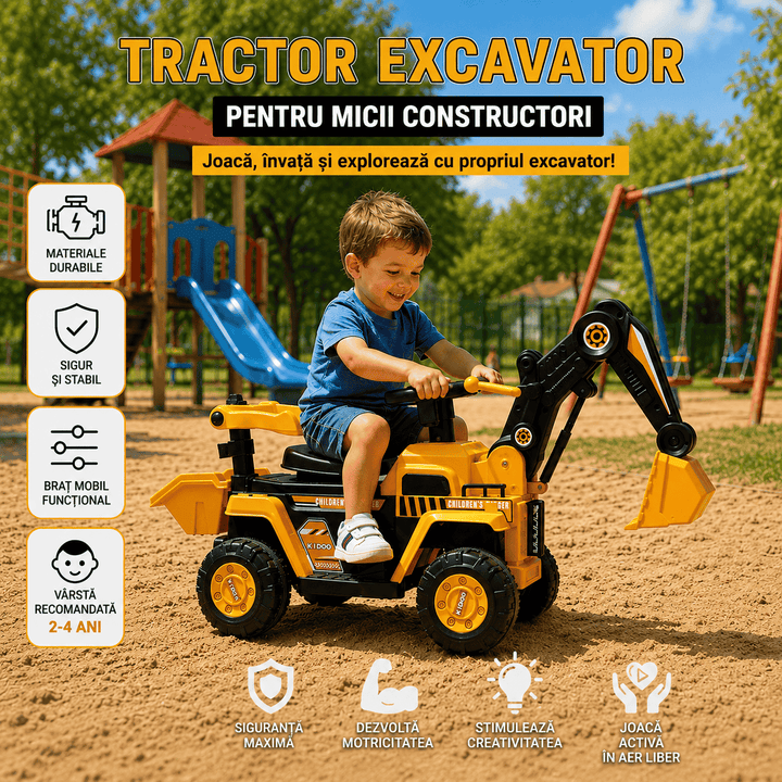 Tractor Excavator Electric Pentru Copii 2-4 Ani, Cu Braț Mobil, Cupă Funcțională, Volan Cu Sunete Și Pedală, Galben