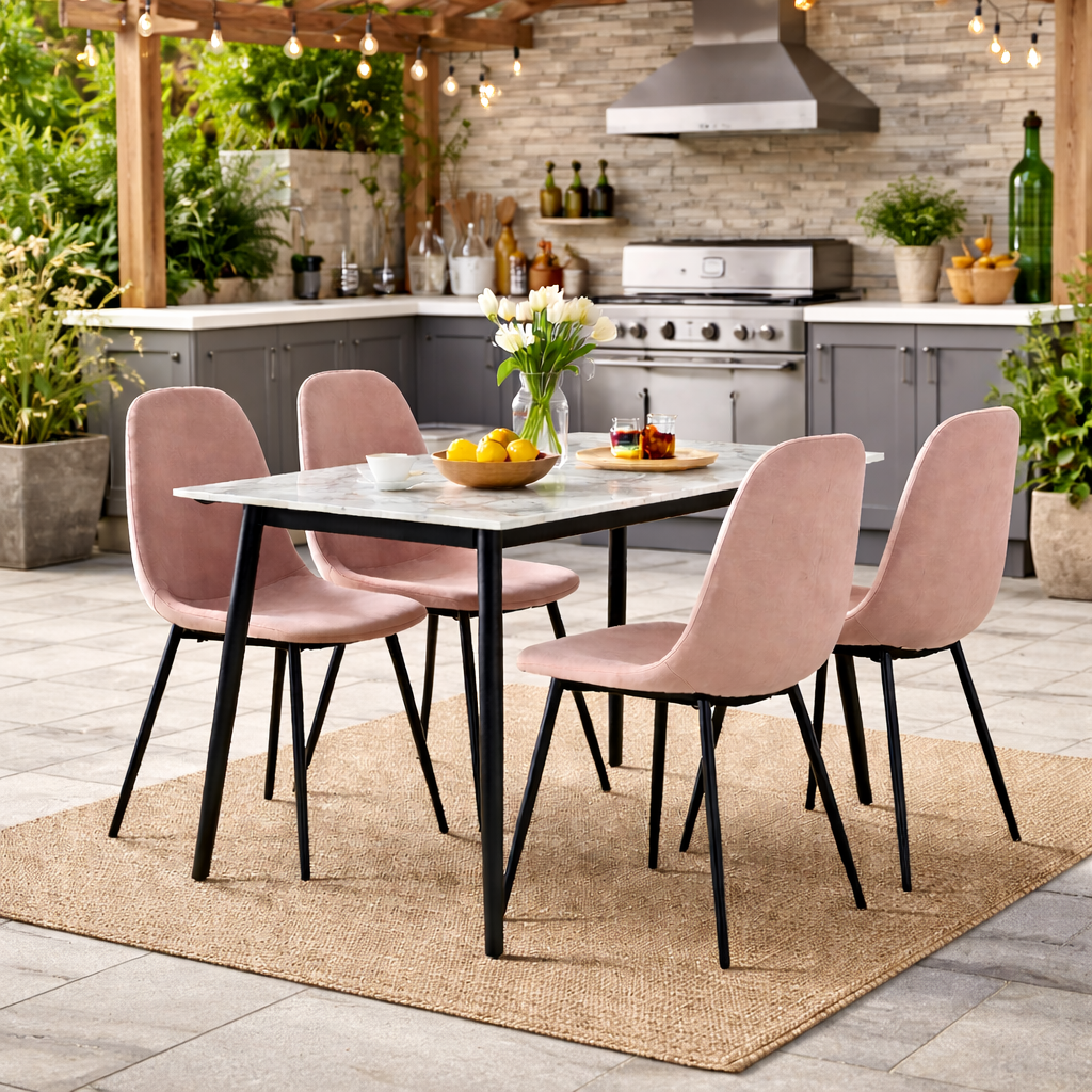 Set masă dining cu 4 scaune, blat sintered stone gri și catifea, 120x70 cm