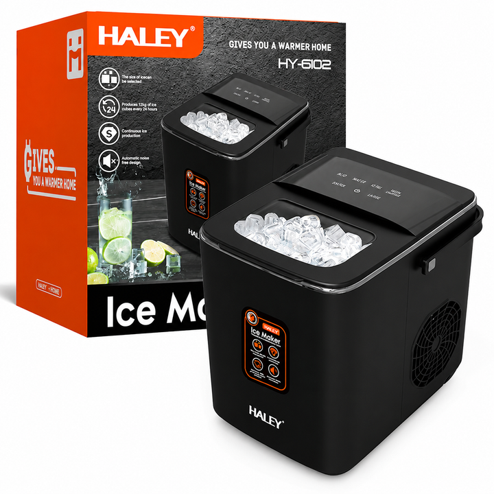 Mașină de Gheață Haley HY-6102, 100W, 12 Kg/24h, 9 Cuburi/Ciclu, Rezervor 1.8L, 2 Dimensiuni Gheață, Producție Continuă, Negru