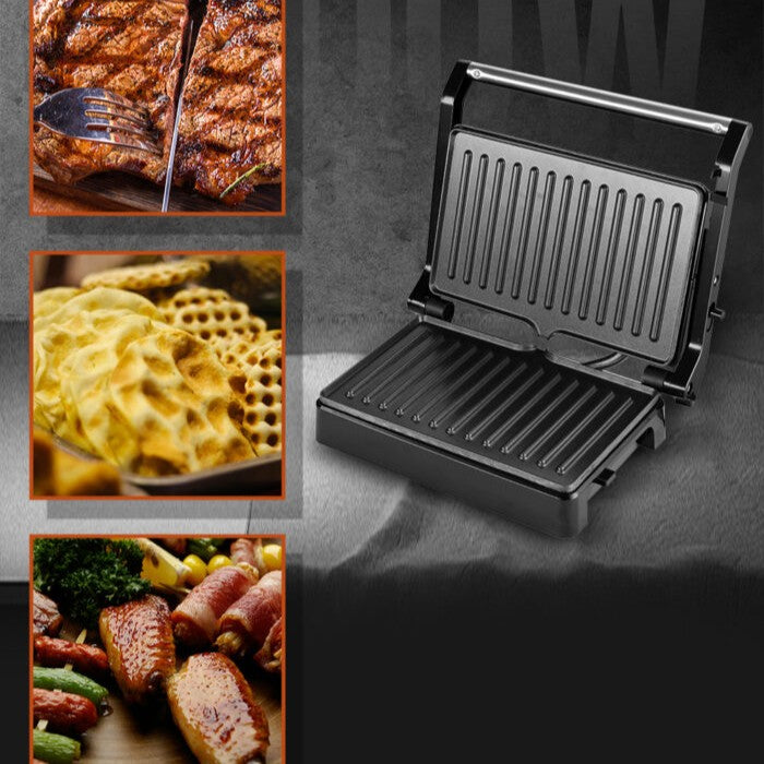 Grill Maker HALEY 2000W, Full Inox, Argintiu/Negru, Tuburi de Încălzire Curvate, Tavă de Gătit Integrată