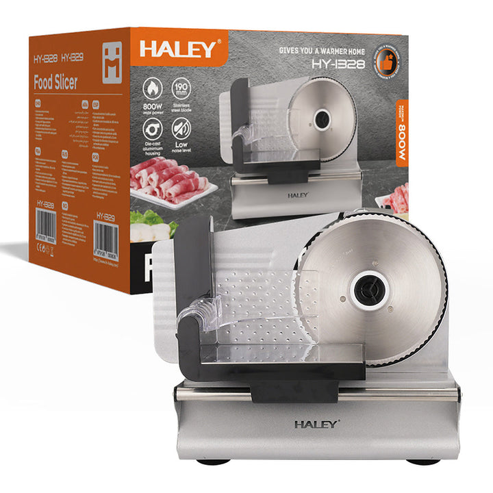 Feliator Electric de Alimente HALEY® HY-1329, Putere Maximă 800W, Lamă din Oțel Inoxidabil de 190 mm, Grosime de Tăiere Reglabilă 0–15 mm, Carcasă din Aluminiu Turnat, Protecție pentru Degete, Împingător Transparent cu Protecție