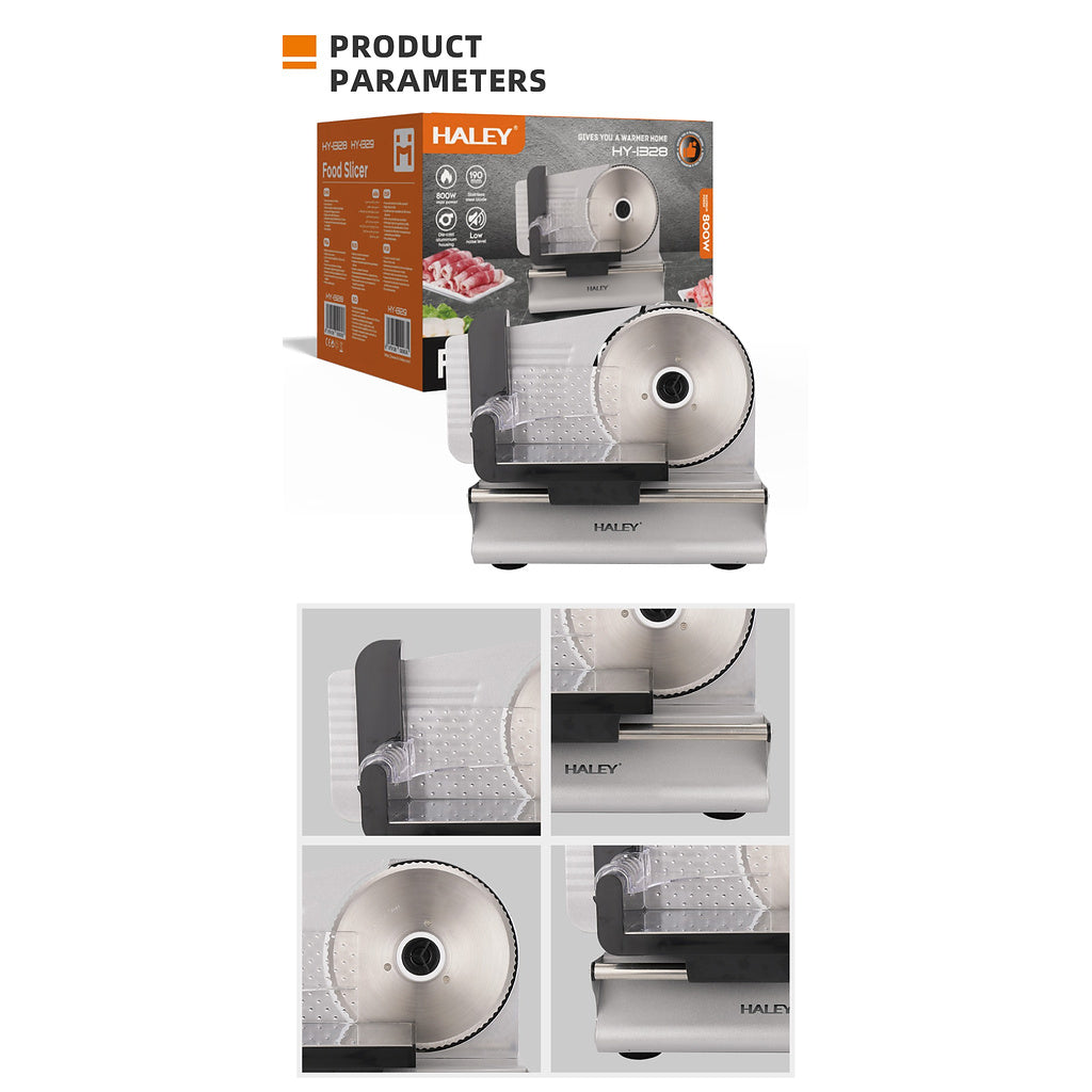 Feliator Electric de Alimente HALEY® HY-1329, Putere Maximă 800W, Lamă din Oțel Inoxidabil de 190 mm, Grosime de Tăiere Reglabilă 0–15 mm, Carcasă din Aluminiu Turnat, Protecție pentru Degete, Împingător Transparent cu Protecție