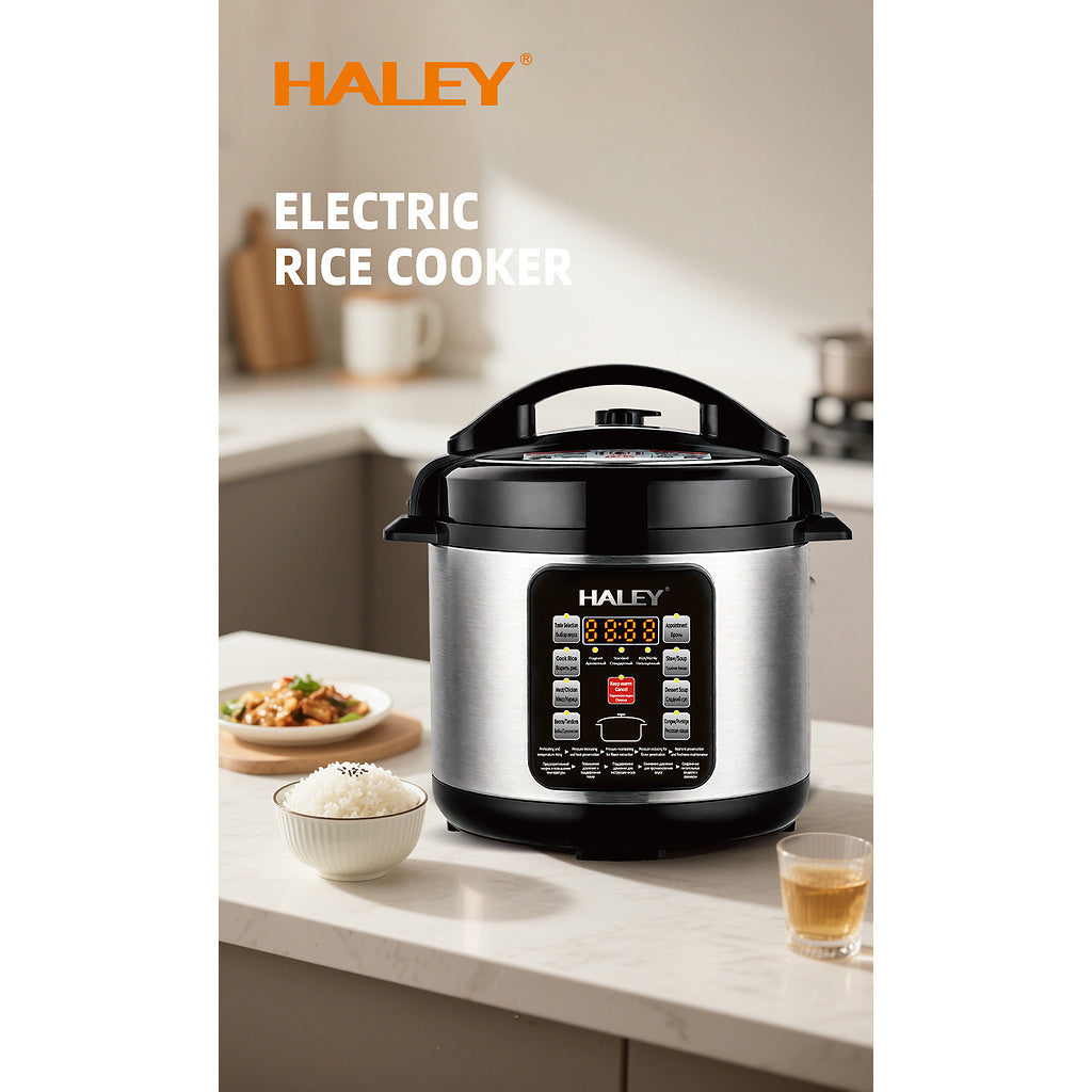 HALEY Vezi toate produsele Oală Electrică sub Presiune Multifuncțională HALEY® HY-2218, 1500W, Capacitate 6 Litri, Panou Digital cu Programe de Gătire, Vas Interior cu Strat Antiaderent, Gătire Rapidă, Economie de Energie