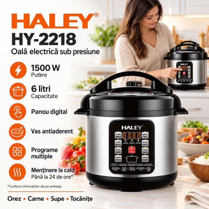 HALEY Vezi toate produsele Oală Electrică sub Presiune Multifuncțională HALEY® HY-2218, 1500W, Capacitate 6 Litri, Panou Digital cu Programe de Gătire, Vas Interior cu Strat Antiaderent, Gătire Rapidă, Economie de Energie