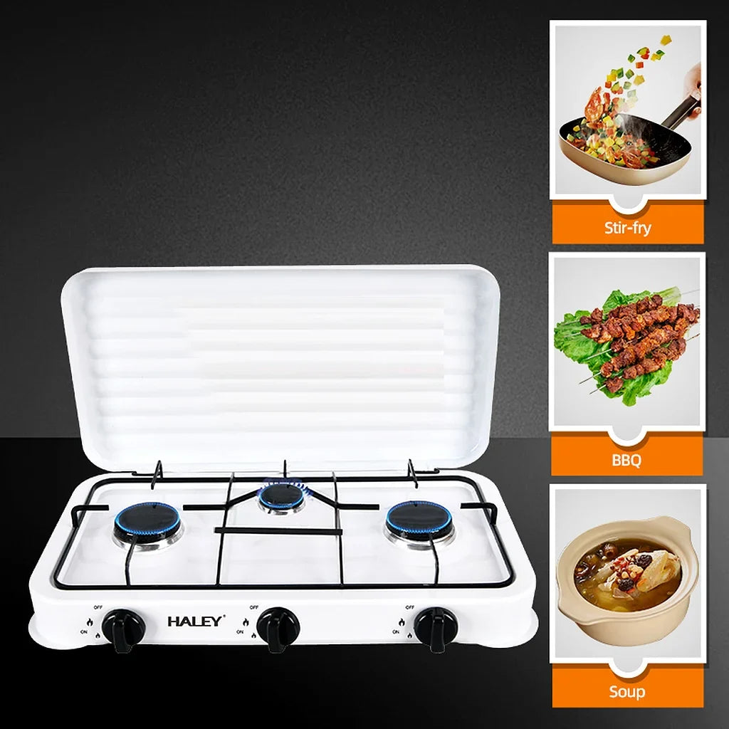 Aragaz pe Gaz HALEY HY-1520 cu 3 Arzătoare și Capac – Plită Gaz pentru Bucătărie