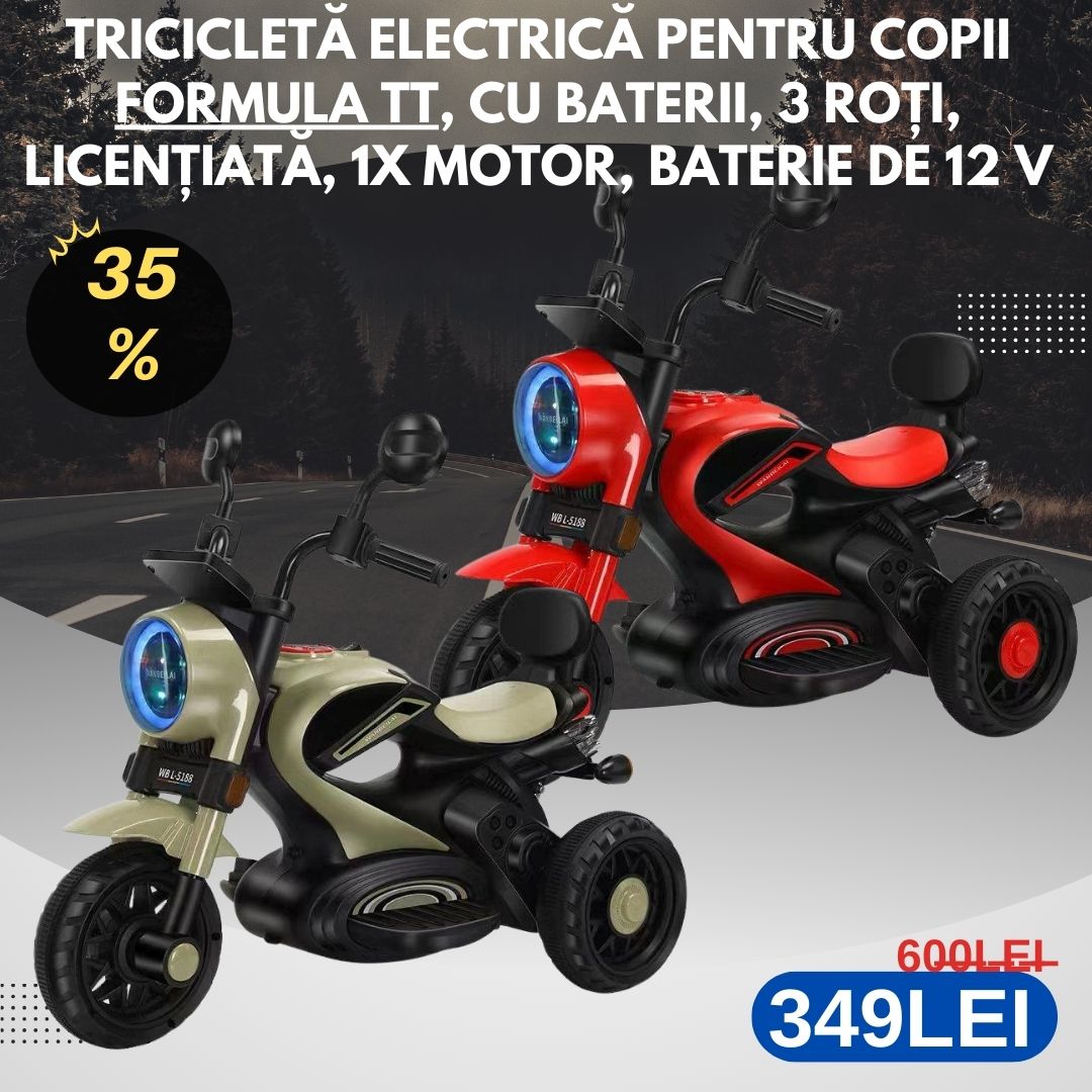 Tricicletă electrică pentru copii Harley, cu baterii, 3 roți, licențiată, 1x motor, Baterie de 12 V