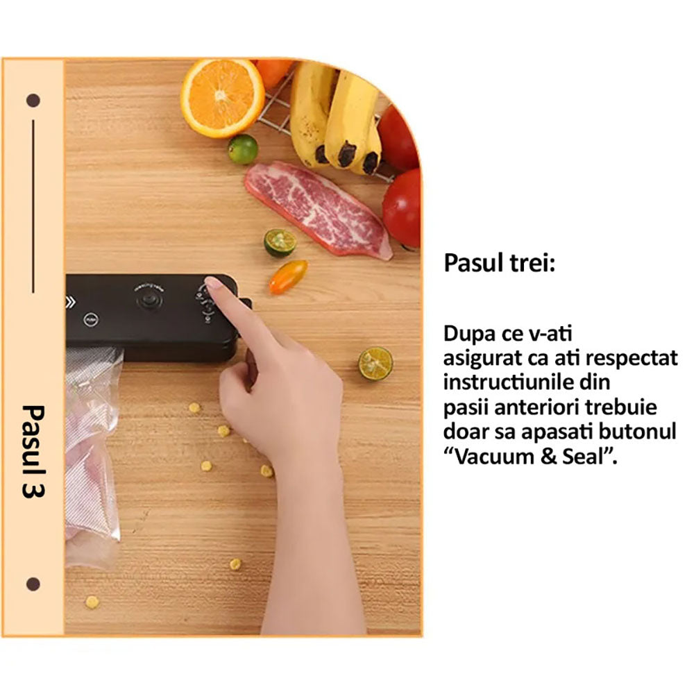 Aparat de vidat si sigilat cu vacuum, NEXTLY, pentru carne, legume, fructe, include 5 pungi pentru vidat, pastreaza prospetimea, negru