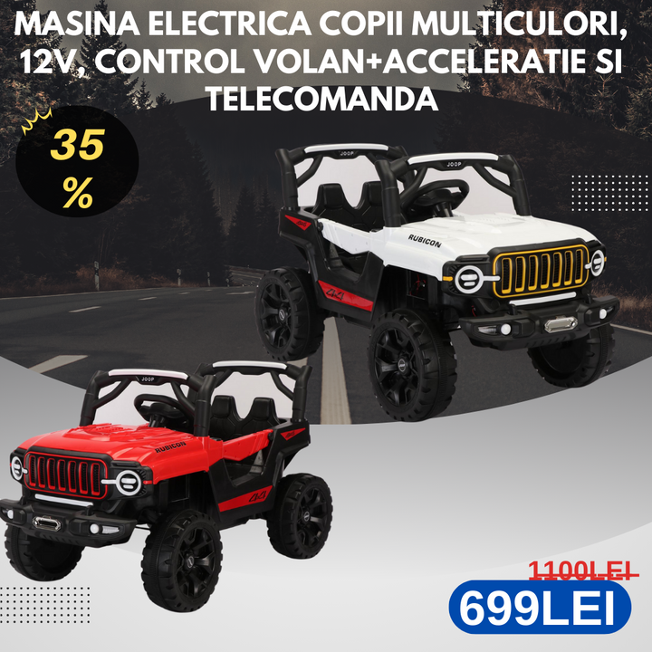 Masina electrica copii multiculori, 12V, control volan+acceleratie si telecomanda