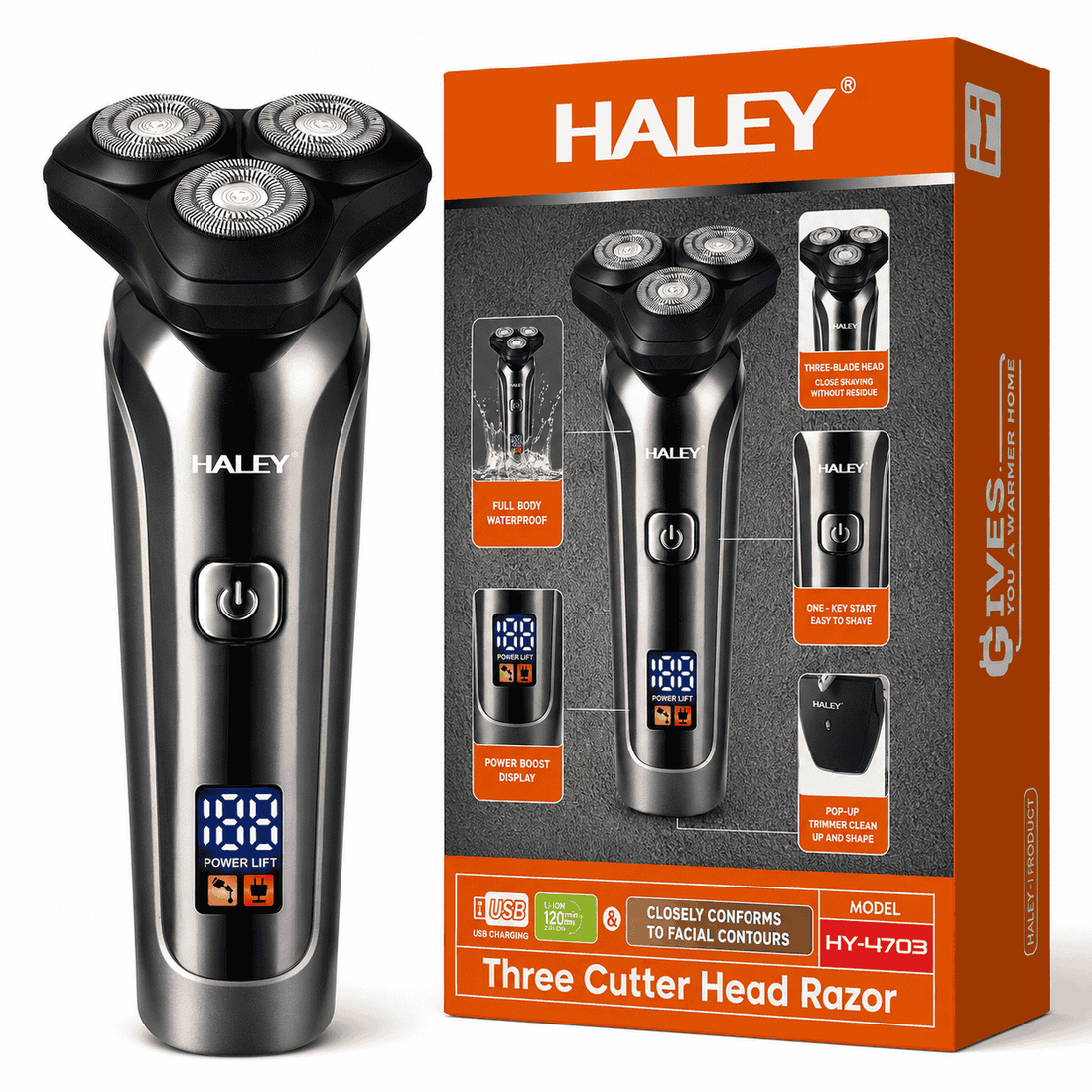 Aparat De Ras Electric Haley HY-4703, 3 Capete Rotative, Acumulator 1200 mAh, Autonomie 180 Minute, Waterproof, Încărcare USB