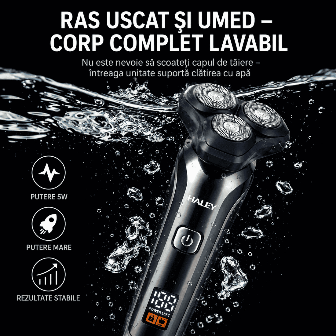 Aparat De Ras Electric Haley HY-4703, 3 Capete Rotative, Acumulator 1200 mAh, Autonomie 180 Minute, Waterproof, Încărcare USB