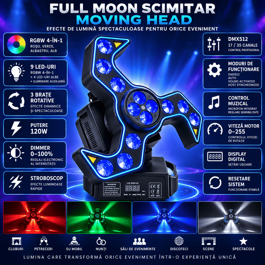 Moving Head LED Full Moon Simitar 120W – 4 LED-uri RGBW 4-în-1, 17/55 Canale DMX512, Pan/Tilt, Strobe, Dimmer, Control DMX, Auto, Master-Slave și Sound Control