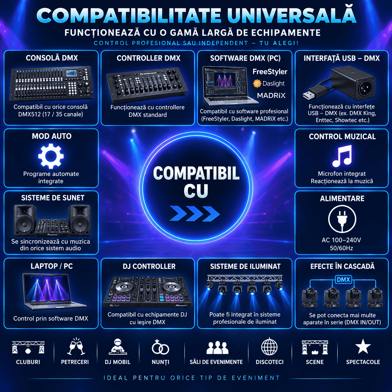 Moving Head LED Full Moon Simitar 120W – 4 LED-uri RGBW 4-în-1, 17/55 Canale DMX512, Pan/Tilt, Strobe, Dimmer, Control DMX, Auto, Master-Slave și Sound Control