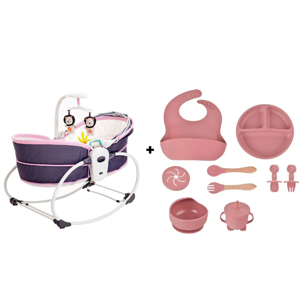 Pachet 2 în 1 pentru Bebeluși: Balansoar Electric 5 în 1 Mastela Roz + Set Hrănire 10 Piese Silicon | Confort și Siguranță de la Naștere