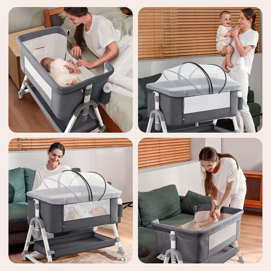 Pat portabil pentru bebeluși AT PERFORMANCE® 3 în 1 cu saltea confortabilă, înălțime reglabilă, roți și pliere ușoară – ideal pentru nou-născuți, gri