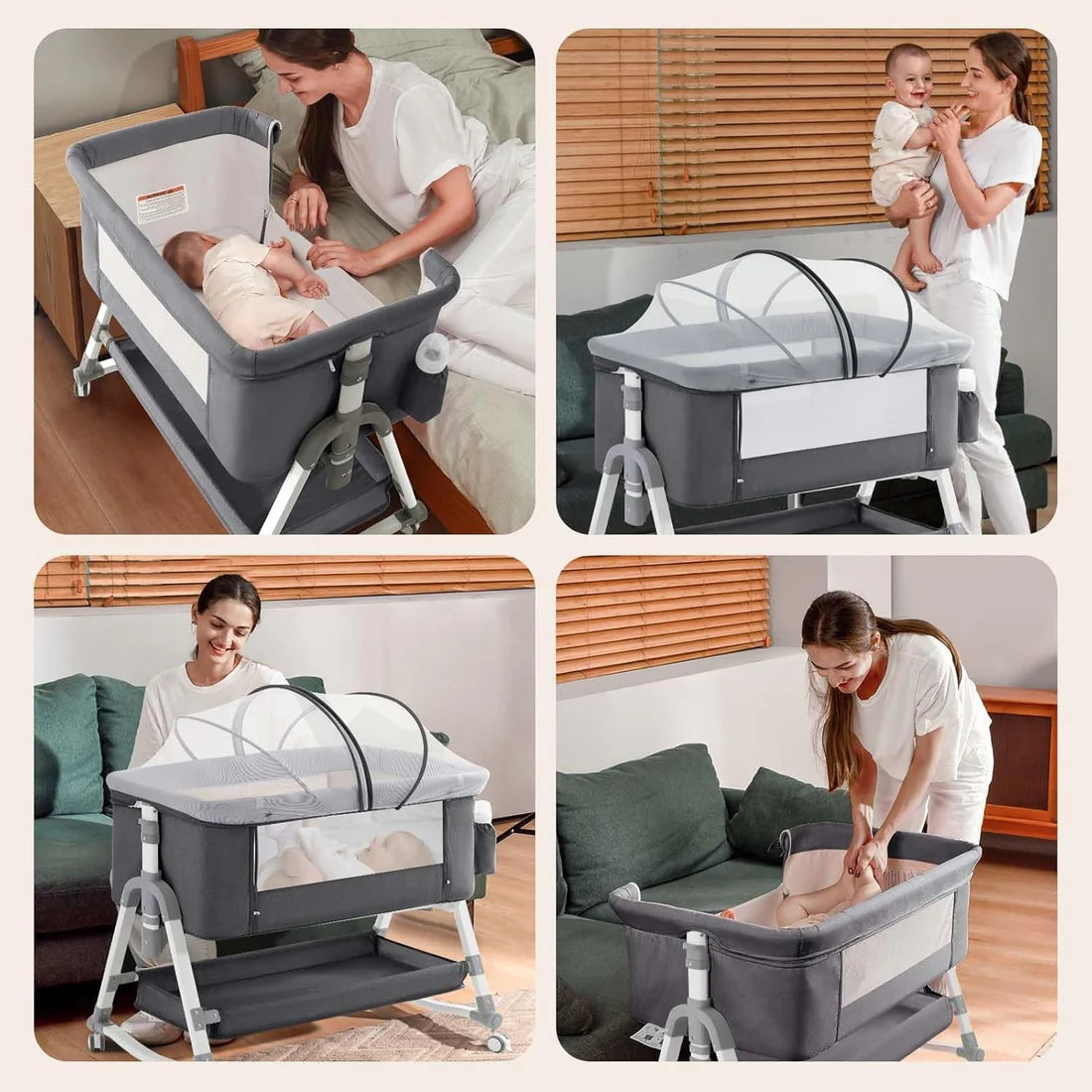 Pat portabil pentru bebeluși AT PERFORMANCE® 3 în 1 cu saltea confortabilă, înălțime reglabilă, roți și pliere ușoară – ideal pentru nou-născuți, gri