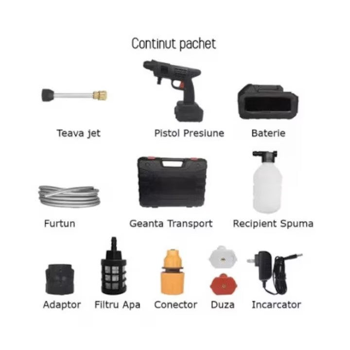 Pistol de spălat cu presiune AT PERFORMANCE® 36V, cu 2X acumulator, 25 bari, 240 l/h, mobil, multifuncțional, cu accesorii
