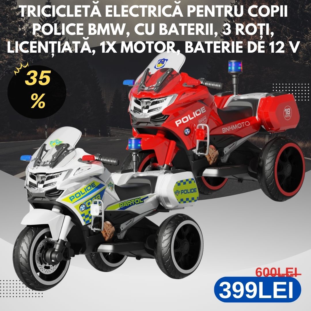 Tricicletă electrică pentru copii police BMW, cu baterii, 3 roți, licențiată, 1x motor, Baterie de 12 V