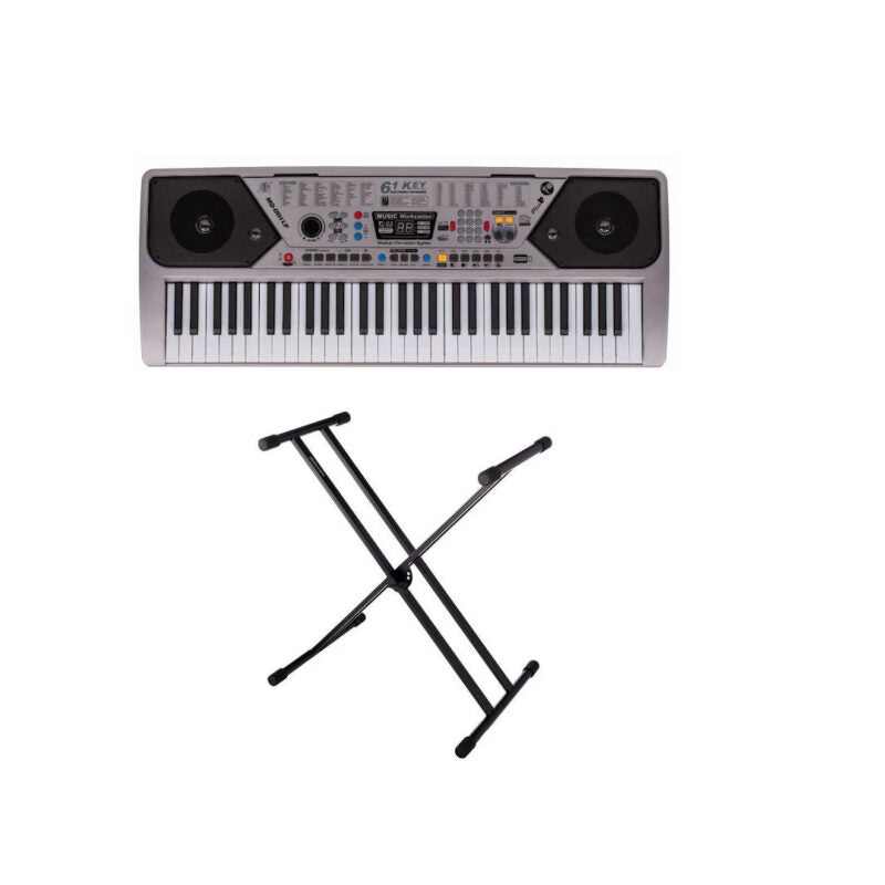 Orga Electronica + Stativ pentru Orga ,Cu 61 De Clape, 100 De Ritmuri, 100 De Tonuri, 10 Melodii Demo, Argintiu.