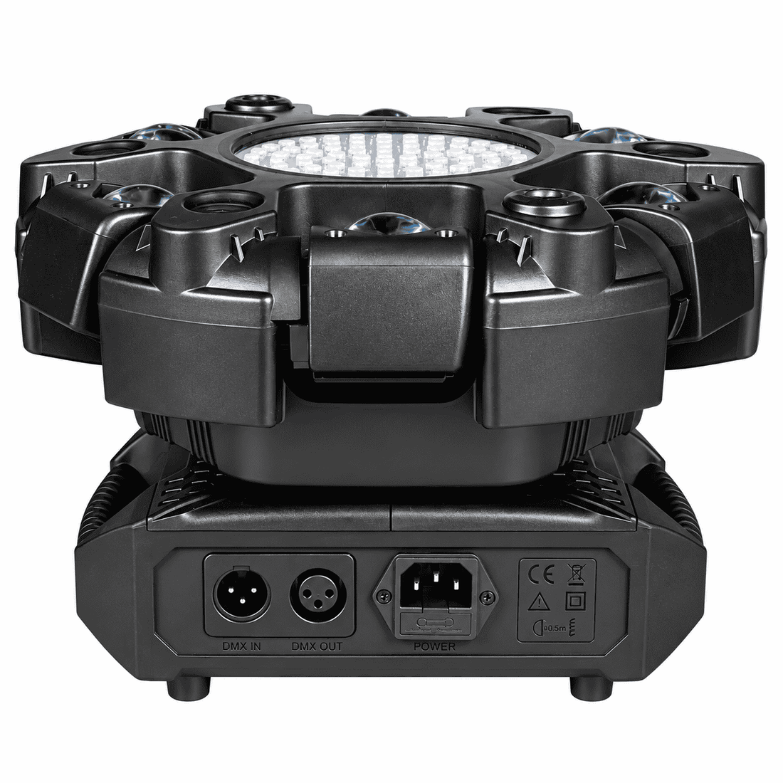 Moving Head LED Profesional Multi-Efect 100W, 6×10W RGBW CREE, Laser Roșu + Verde, Strobe Alb și Galben, 91 LED-uri, Brațe Rotative, DMX512 21 Canale, Sound Control