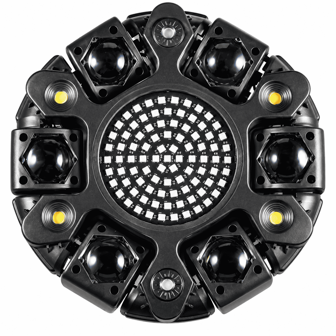 Moving Head LED Profesional Multi-Efect 100W, 6×10W RGBW CREE, Laser Roșu + Verde, Strobe Alb și Galben, 91 LED-uri, Brațe Rotative, DMX512 21 Canale, Sound Control