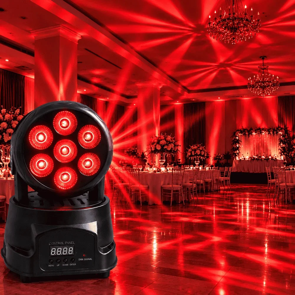 Moving Head LED Profesional 7×10W RGBW 4-în-1, 80W, DMX512 9/14 Canale, PAN 540° / TILT 180°, Stroboscop, Dimmer, Control Muzical, Auto și Master-Slave
