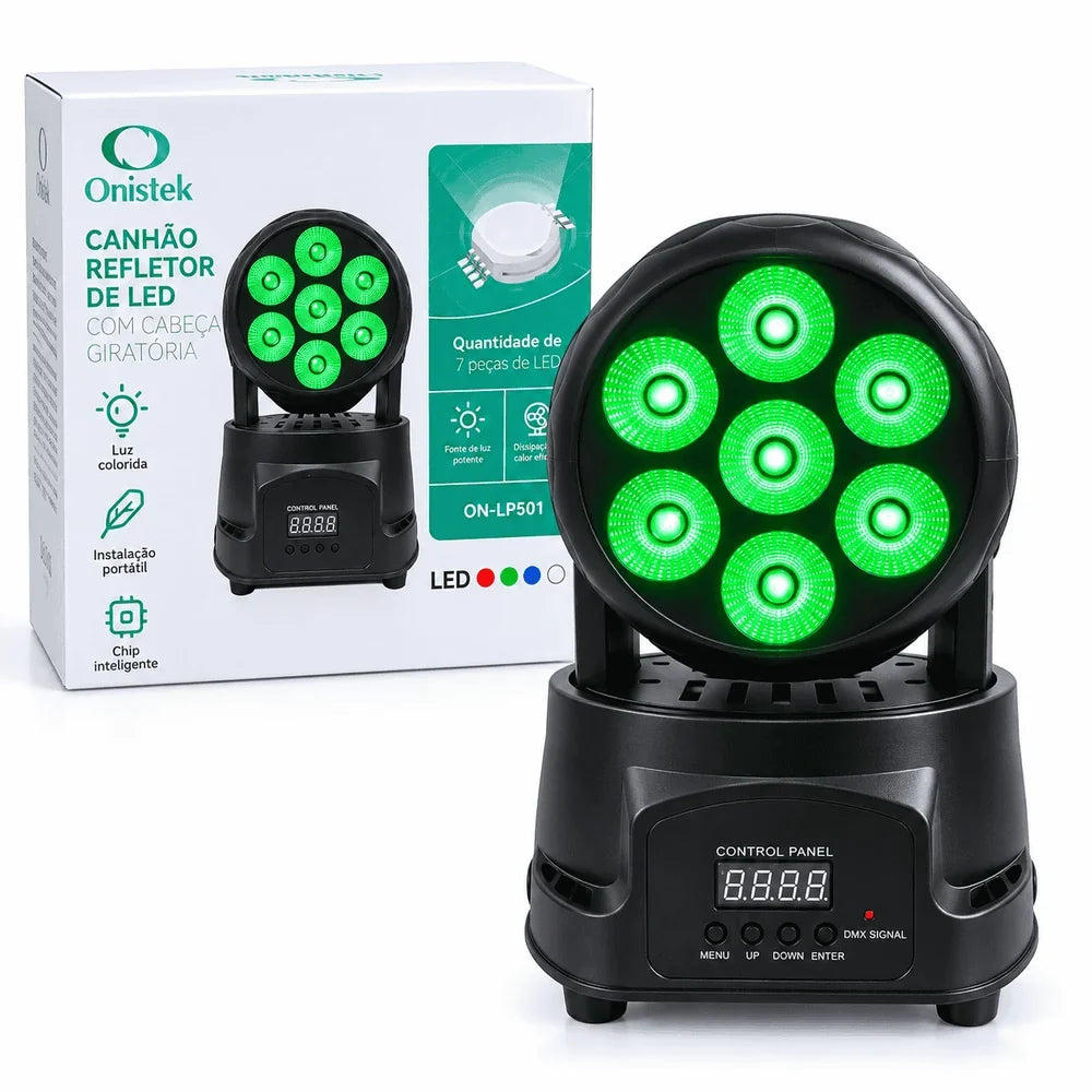 Moving Head LED Profesional 7×10W RGBW 4-în-1, 80W, DMX512 9/14 Canale, PAN 540° / TILT 180°, Stroboscop, Dimmer, Control Muzical, Auto și Master-Slave
