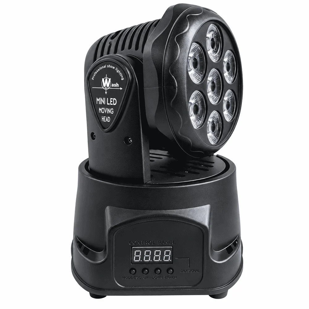 Moving Head LED Profesional 7×10W RGBW 4-în-1, 80W, DMX512 9/14 Canale, PAN 540° / TILT 180°, Stroboscop, Dimmer, Control Muzical, Auto și Master-Slave
