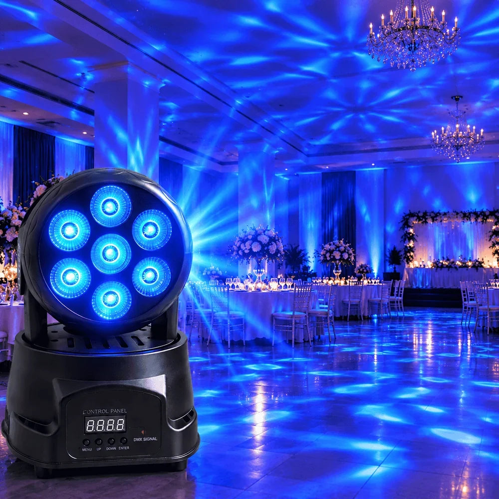 Moving Head LED Profesional 7×10W RGBW 4-în-1, 80W, DMX512 9/14 Canale, PAN 540° / TILT 180°, Stroboscop, Dimmer, Control Muzical, Auto și Master-Slave