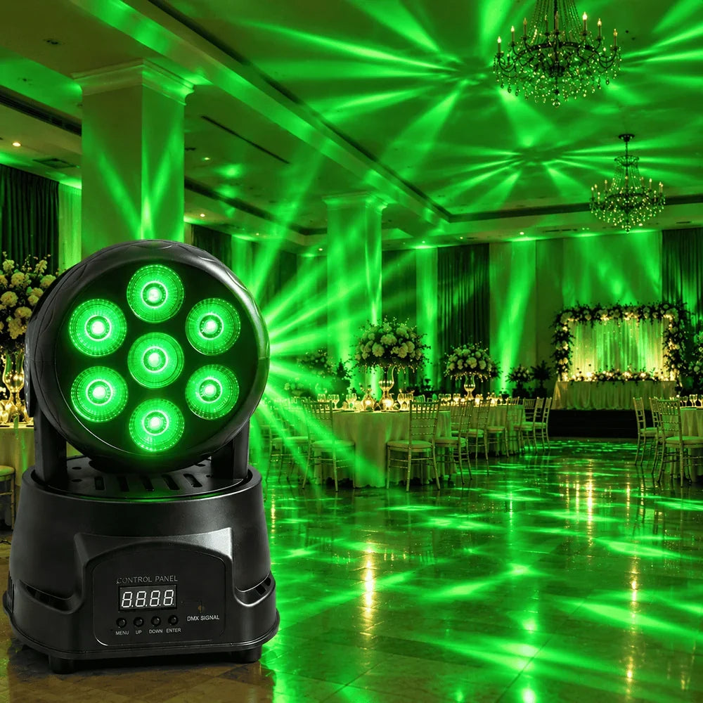 Moving Head LED Profesional 7×10W RGBW 4-în-1, 80W, DMX512 9/14 Canale, PAN 540° / TILT 180°, Stroboscop, Dimmer, Control Muzical, Auto și Master-Slave