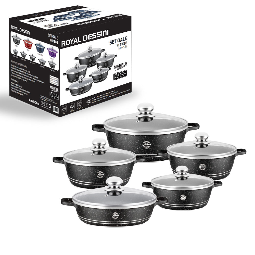 Set Premium 10 Piese AT PERFORMANCE – Oale cu acoperire din marmură și capace din sticlă semitransparentă, 5 dimensiuni pentru gătit versatil