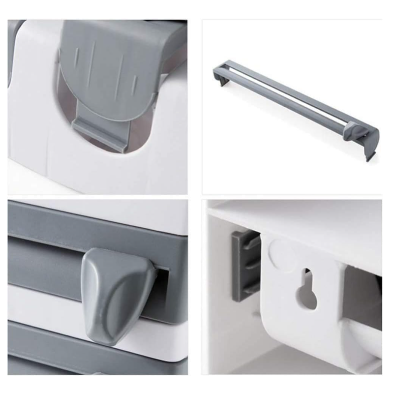 Dozator de Folie Aluminiu, Folie Plastic si Prosoape Hartie, At Performance, 3 in 1, Cutite Incluse si Kit Montaj Perete, 39 x 24 x 10 cm, Alb-gri