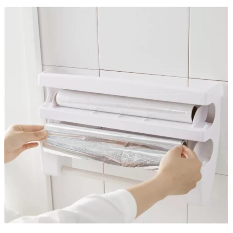 Dozator de Folie Aluminiu, Folie Plastic si Prosoape Hartie, At Performance, 3 in 1, Cutite Incluse si Kit Montaj Perete, 39 x 24 x 10 cm, Alb-gri