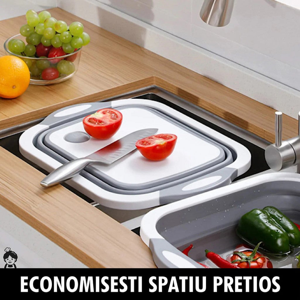 Tocator 3 in 1, tocator, cos depozitare, vas pentru spalare, pliabil, 40x30 cm