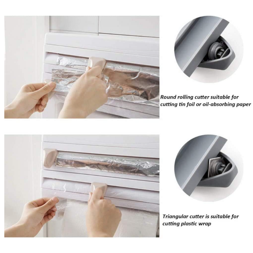 Dozator de Folie Aluminiu, Folie Plastic si Prosoape Hartie, At Performance, 3 in 1, Cutite Incluse si Kit Montaj Perete, 39 x 24 x 10 cm, Alb-gri