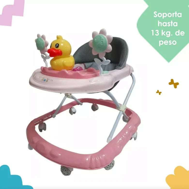 Premergator pliabil si muzical, AT PERFORMANCE®, cu roti de silicon, Ratusca, 2 flori, Roz