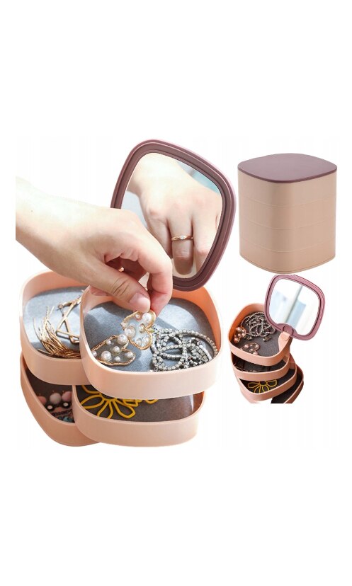 Organizator bijuterii cu oglinda, AT PERFORMANCE®, Plastic, 12.5x12 cm, Roz