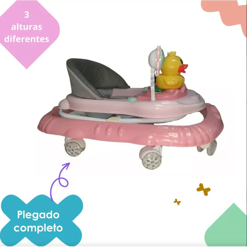 Premergator pliabil si muzical, AT PERFORMANCE®, cu roti de silicon, Ratusca, 2 flori, Roz