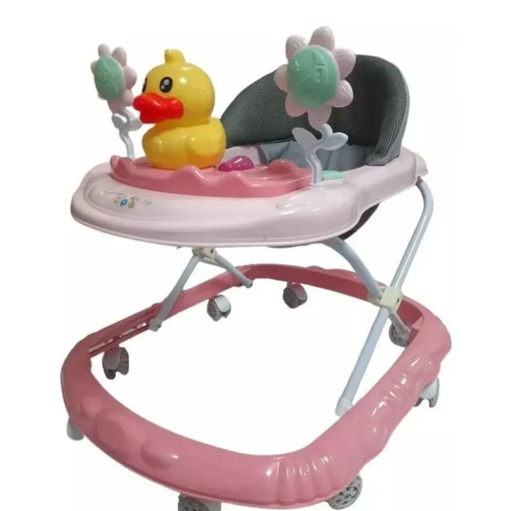 Premergator pliabil si muzical, AT PERFORMANCE®, cu roti de silicon, Ratusca, 2 flori, Roz