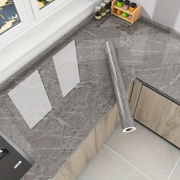 Rola tapet modern, imitatie de marmura At Performance rezistent, la apa, vinil, compact, autoadeziv, 60cmx 300 cm, gri inchis