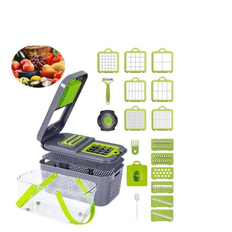 Tocator de Legume Manual, 22 in 1, AT PERFORMANCE®, Inox/ABS, Cu Maner, Verde/Gri