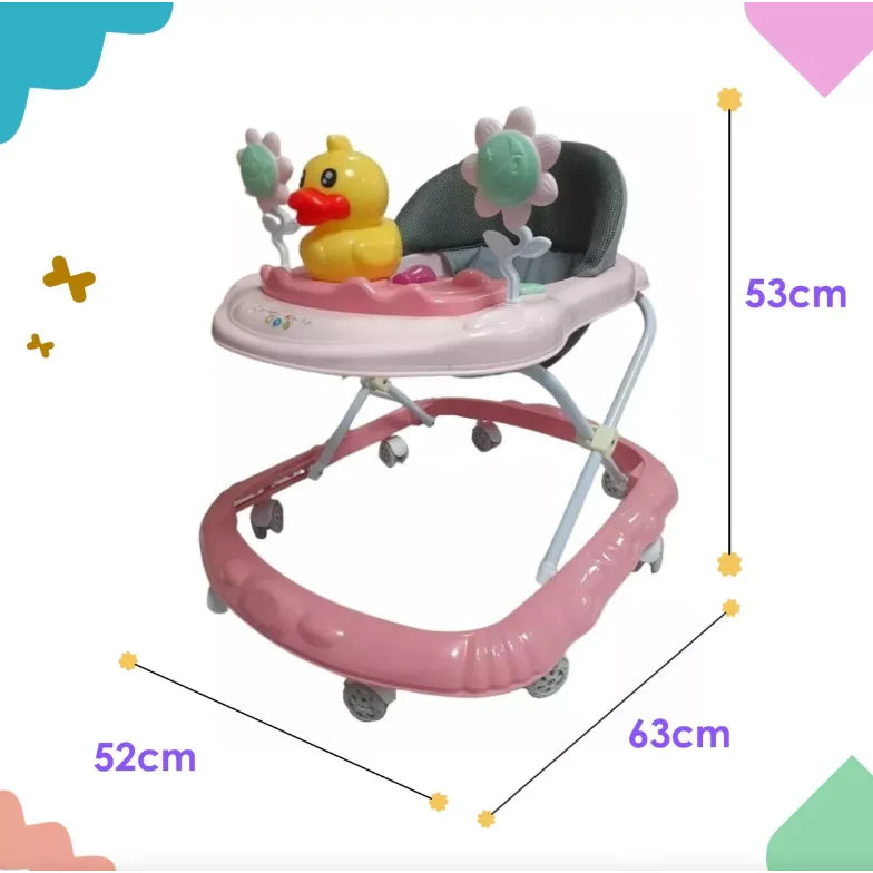 Premergator pliabil si muzical, AT PERFORMANCE®, cu roti de silicon, Ratusca, 2 flori, Roz