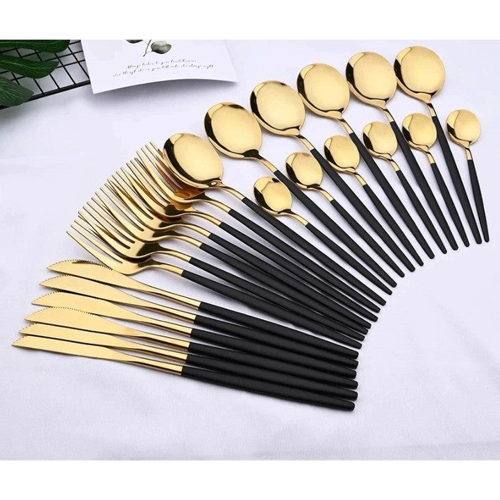 Set de tacamuri moderne AT PERFORMANCE®, 24 de piese, negru si auriu lucios, 13-21 cm.