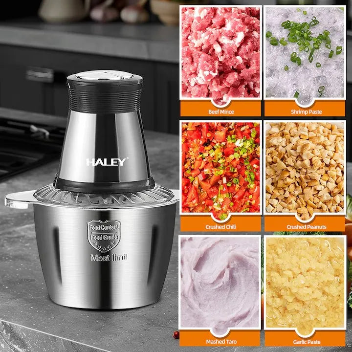 Tocator Universal Electric HY-1221 pentru Carne si Legume, Capacitate 3L, Bol Inox, 4 Lame Premium din Otel Inoxidabil, Motor Puternic 1000W