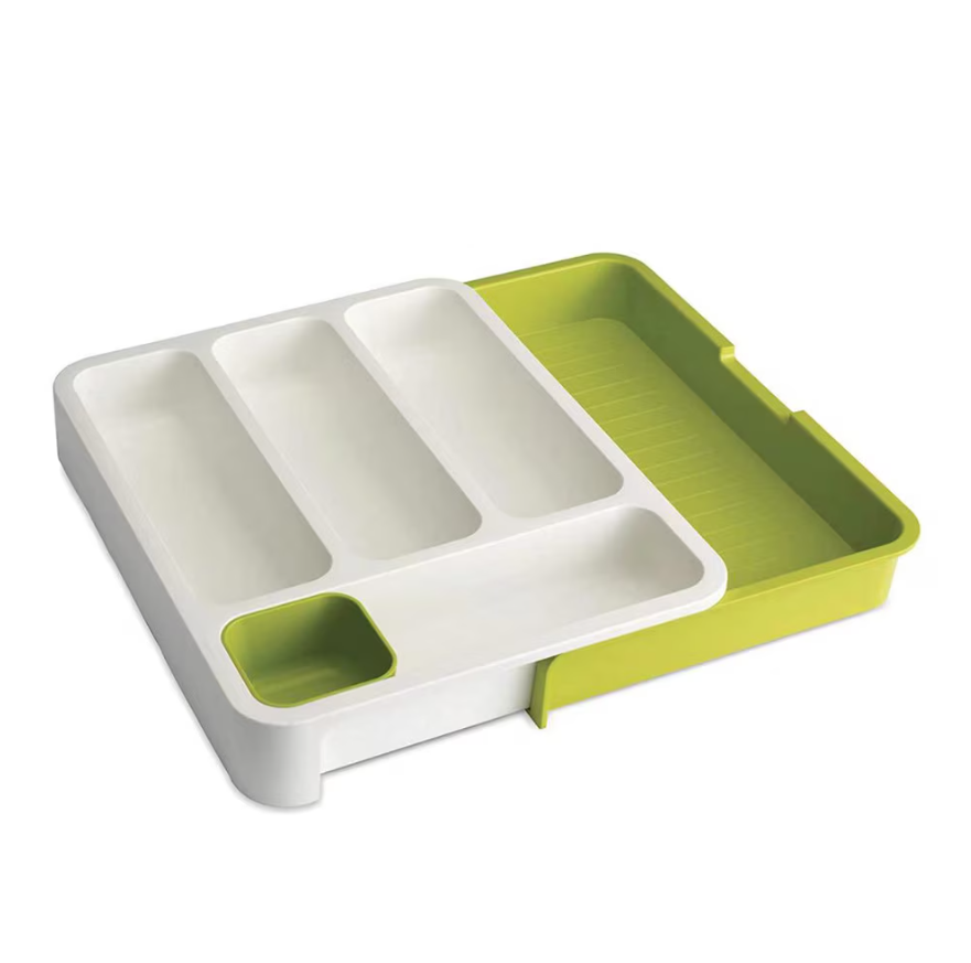 Organizator Extensibil si Multifunctional pentru Tacamuri AT PERFORMANCE®– Suport Modular pentru Sertar din Plastic - de la 29cm la 48cm - Alb-Verde